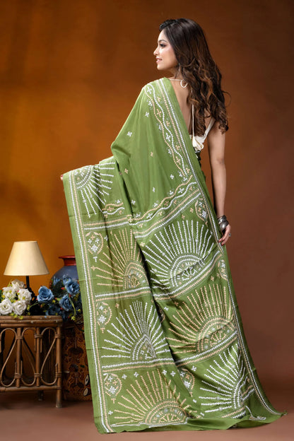 Leaf green multicolor design handmade kutch embroidery silk saree vibrant olive green saree adorned 5