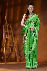 Leaf green multicolor swan motif hand embroidered silk kantha stitch saree 5