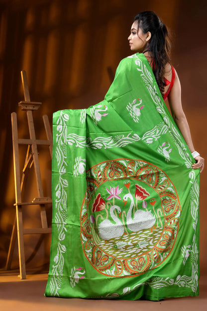 Leaf green multicolor swan motif hand embroidered silk kantha stitch saree 4