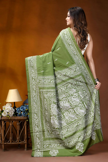 Leaf green paisley design hand embroidery silk kantha stitch saree vibrant olive green saree intricate 5