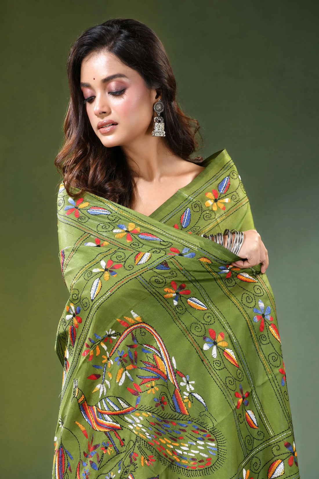 Leaf green peacock motif hand embroidered silk kantha saree vibrant olive adorned 2
