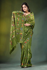 Leaf green peacock motif hand embroidered silk kantha saree olive intricate 5