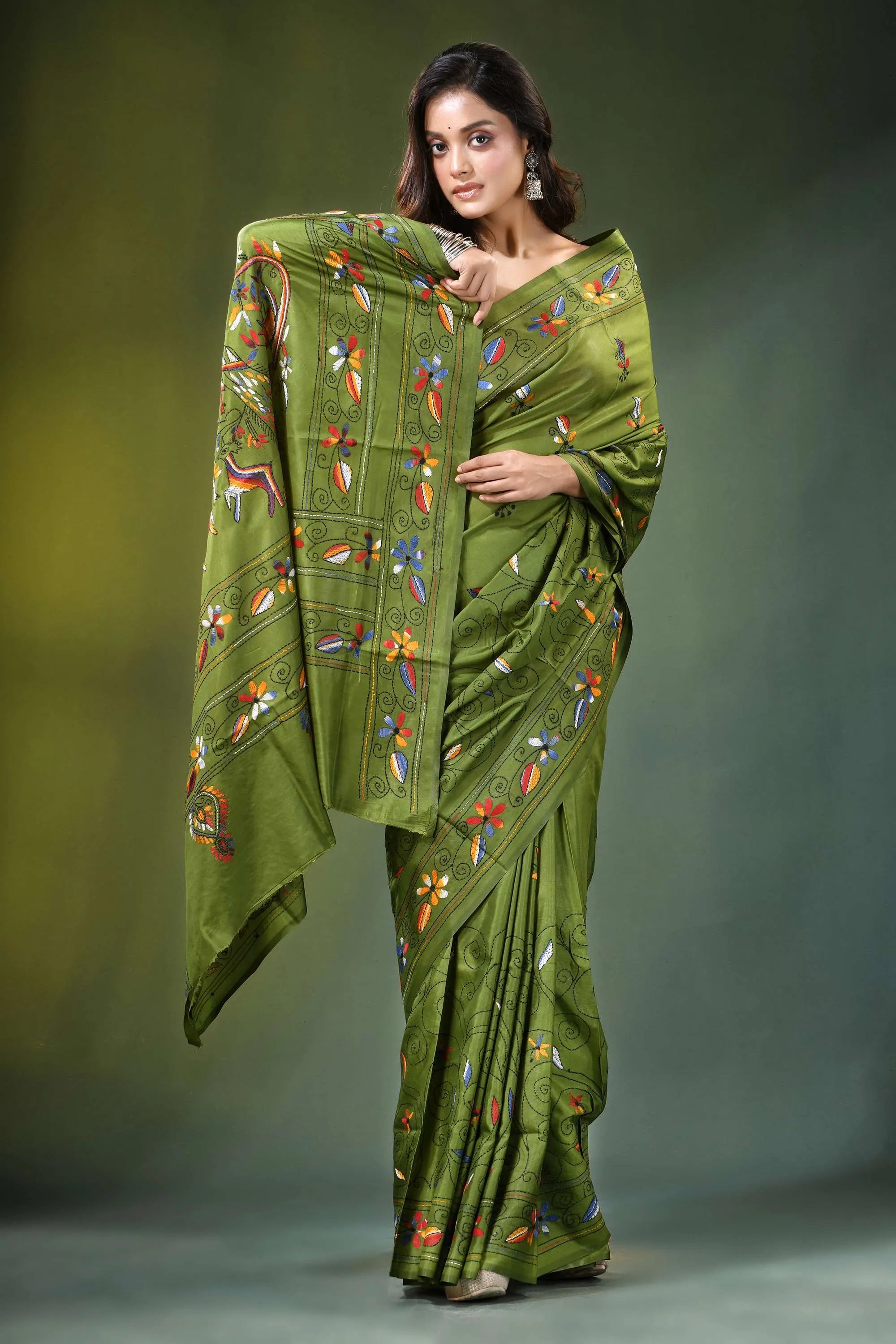 Leaf green peacock motif hand embroidered silk kantha saree olive intricate 5