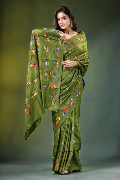 Leaf green peacock motif hand embroidered silk kantha saree olive intricate 5