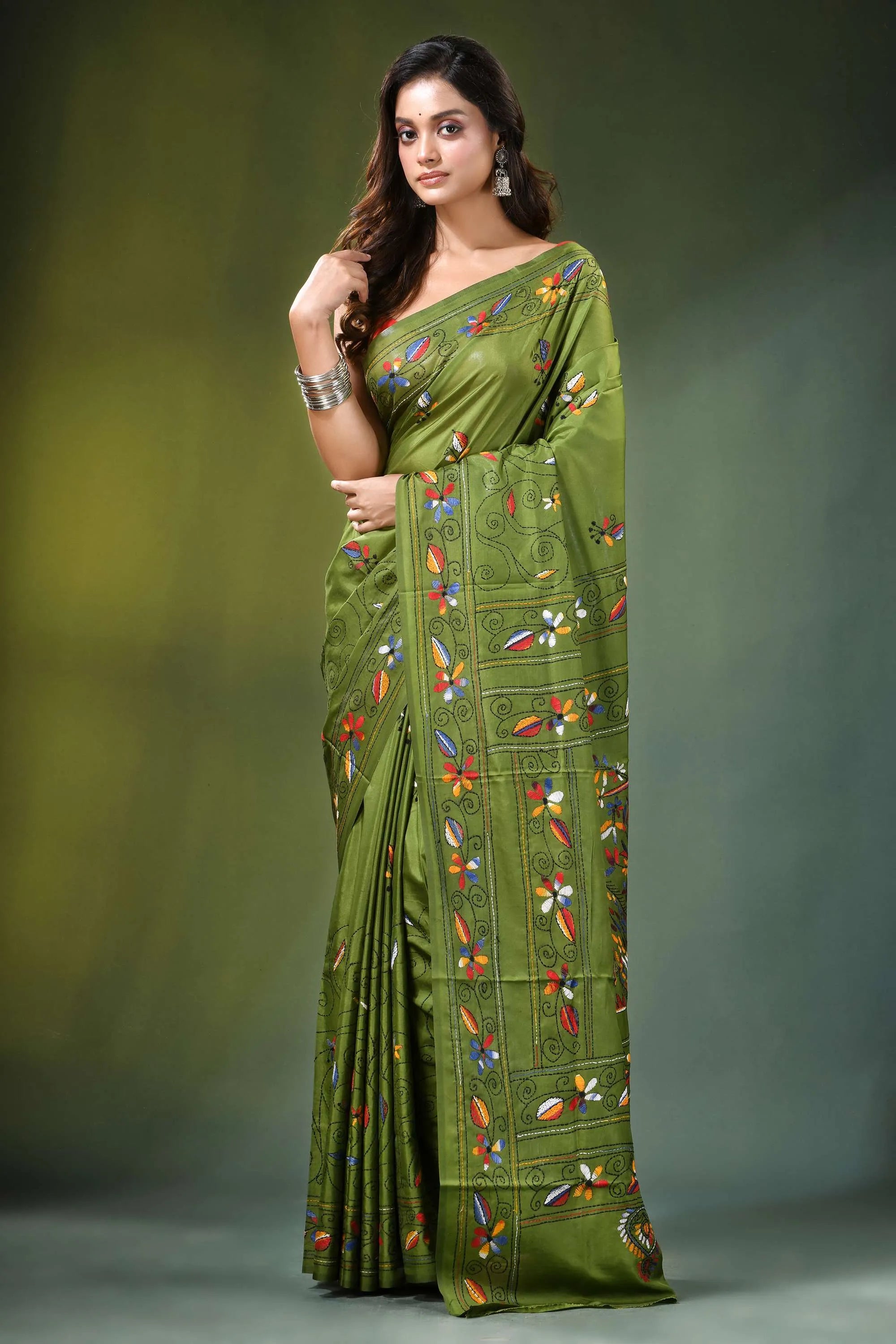 Leaf green peacock motif hand embroidered silk kantha saree vibrant olive adorned 6