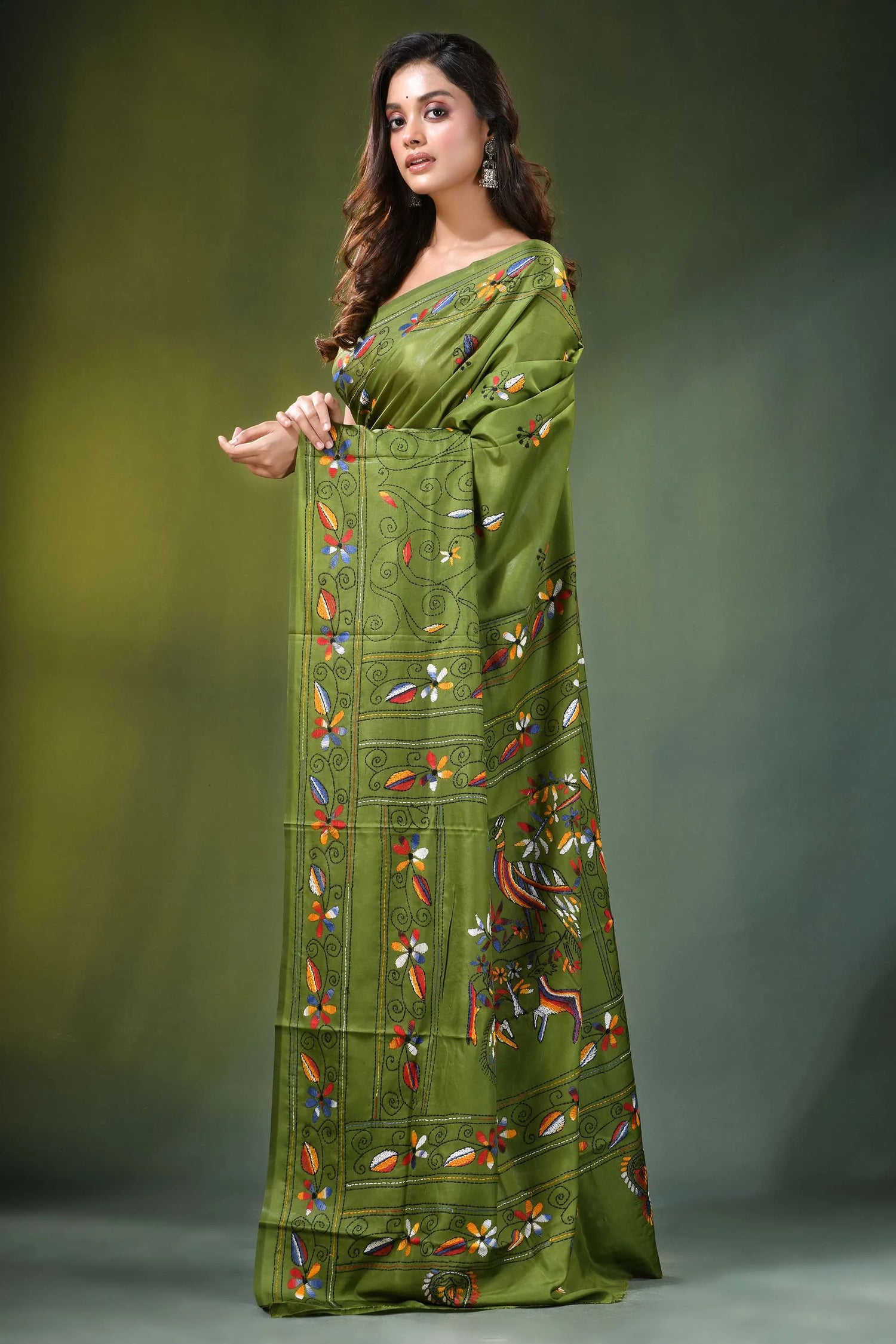 Leaf green peacock motif hand embroidered silk kantha saree vibrant olive adorned 3