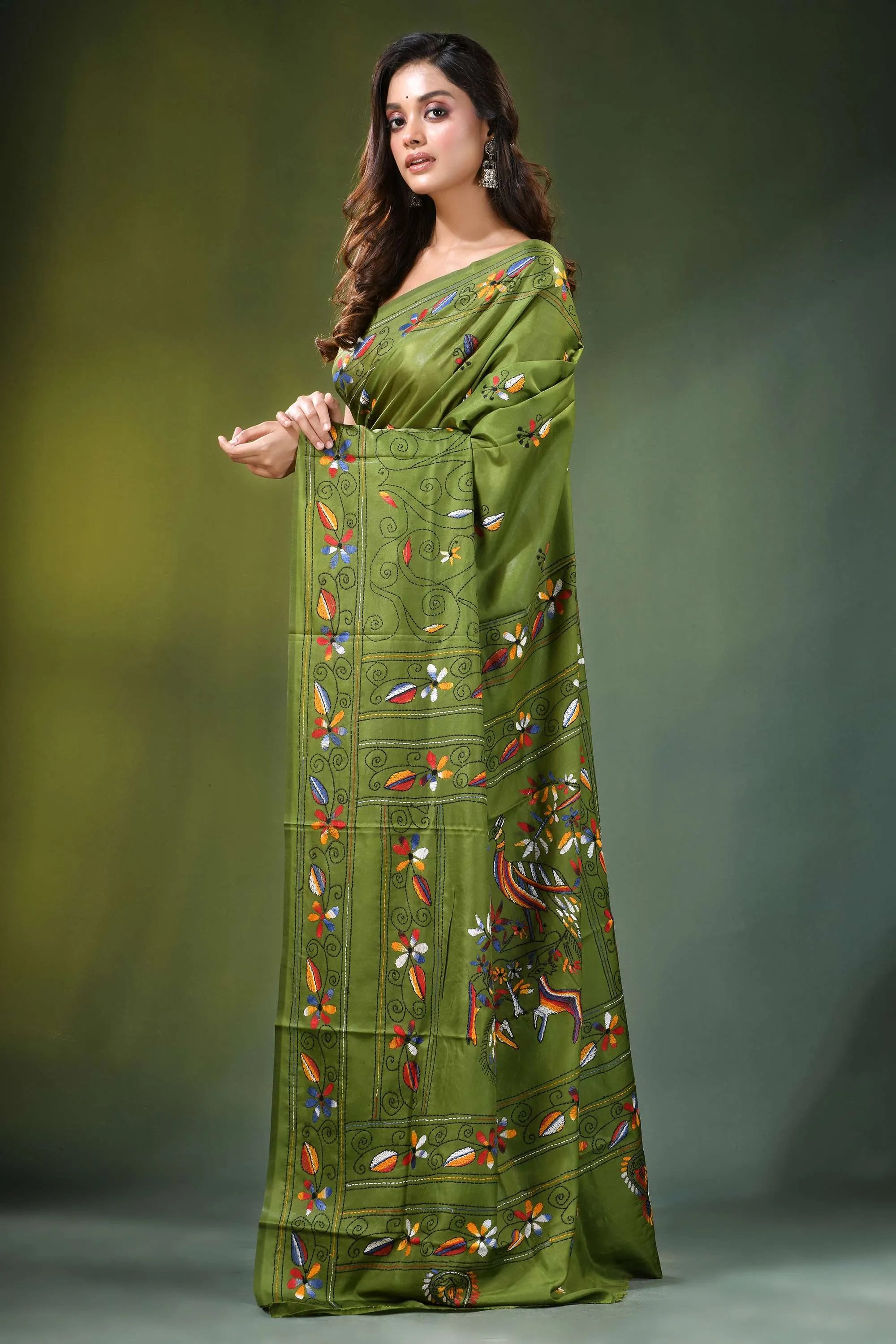 Leaf green peacock motif hand embroidered silk kantha saree vibrant olive adorned 3