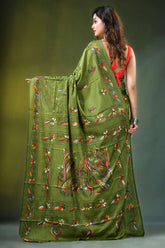 Leaf green peacock motif hand embroidered silk kantha saree vibrant olive adorned 4