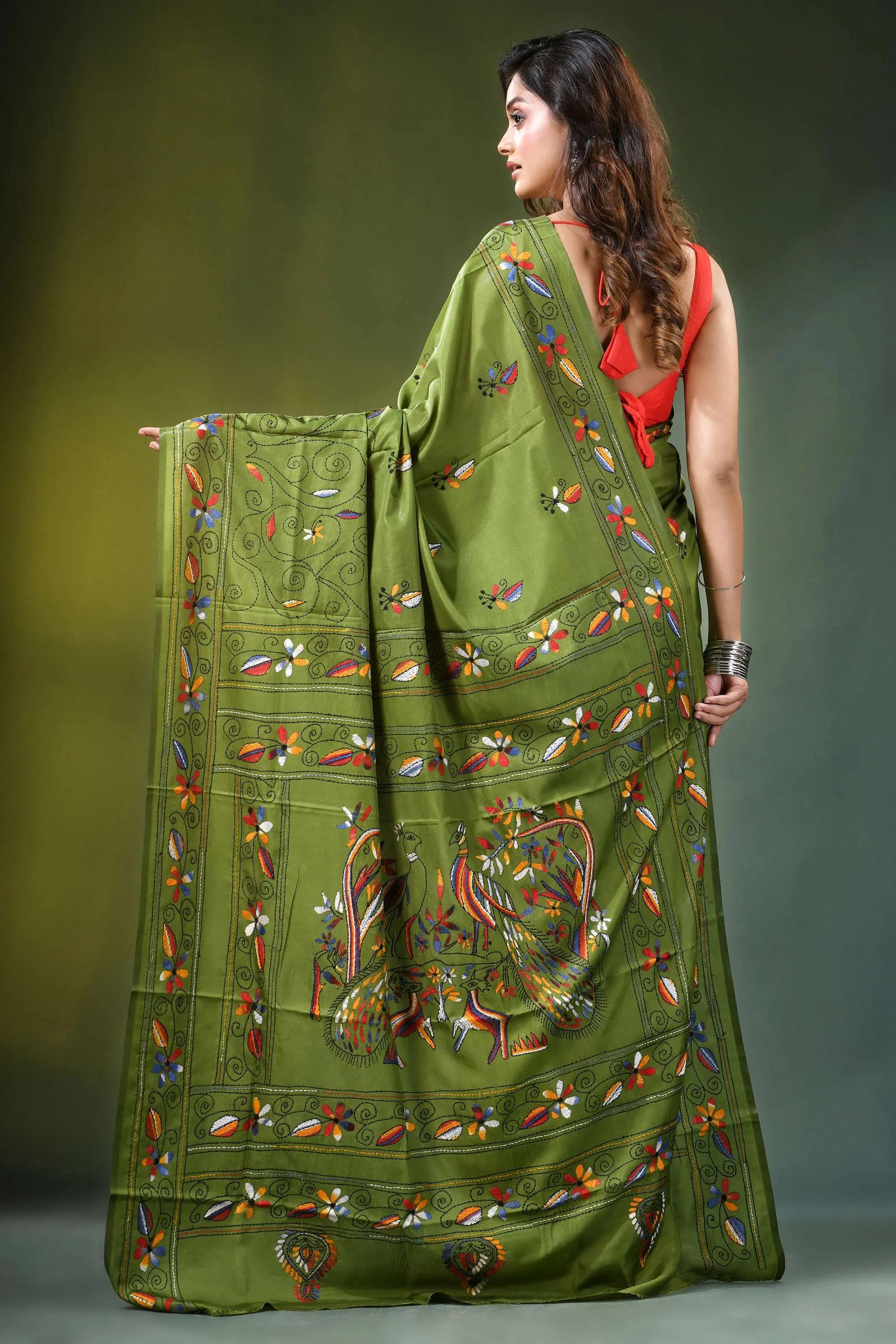 Leaf green peacock motif hand embroidered silk kantha saree vibrant olive adorned 4
