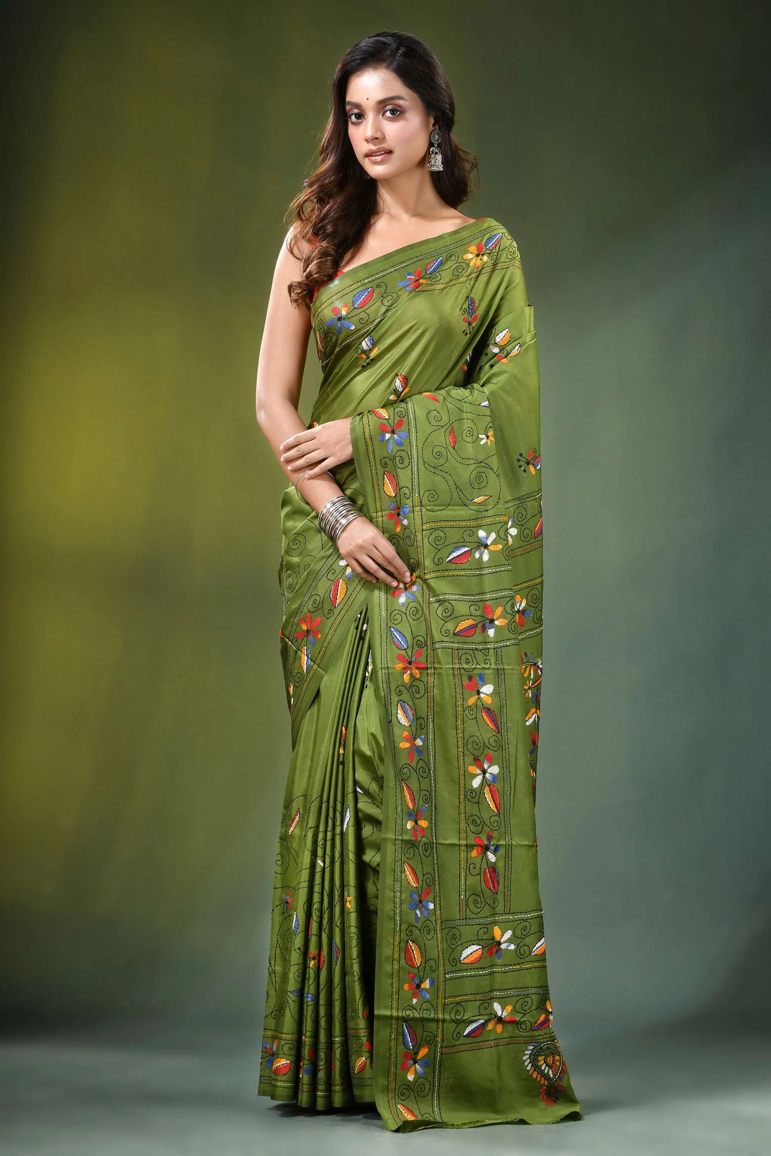 Leaf green peacock motif hand embroidered silk kantha saree vibrant olive 1