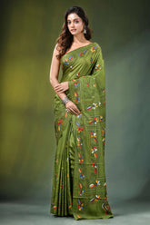 Leaf green peacock motif hand embroidered silk kantha saree vibrant olive 1