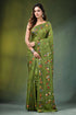 Leaf green peacock motif hand embroidered silk kantha saree vibrant olive 1