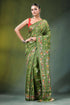 Leaf green peacock motif handmade silk kantha saree olive intricate 1