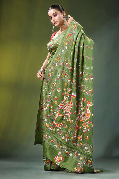 Leaf green peacock motif handmade silk kantha saree olive adorned 4
