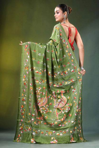 Leaf green peacock motif handmade silk kantha saree olive adorned 5