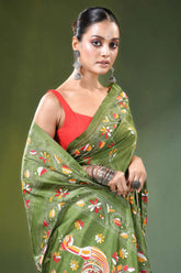Leaf green peacock motif handmade silk kantha saree olive intricate 2