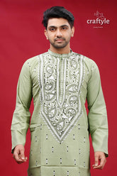 Lemon grass cotton kantha stitch kurta for men embroidered light green kurta 2