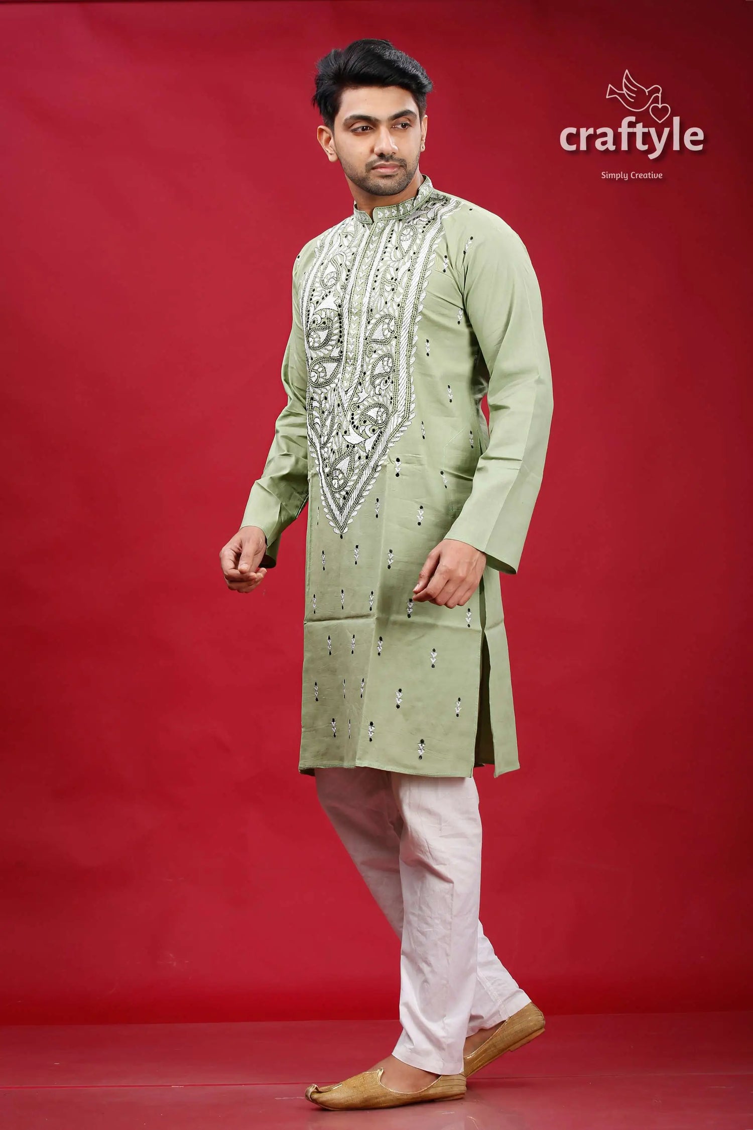 Lemon grass cotton kantha stitch kurta for men embroidered light green kurta pajama 3