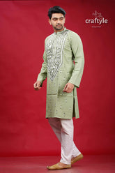 Lemon grass cotton kantha stitch kurta for men embroidered light green kurta pajama 3
