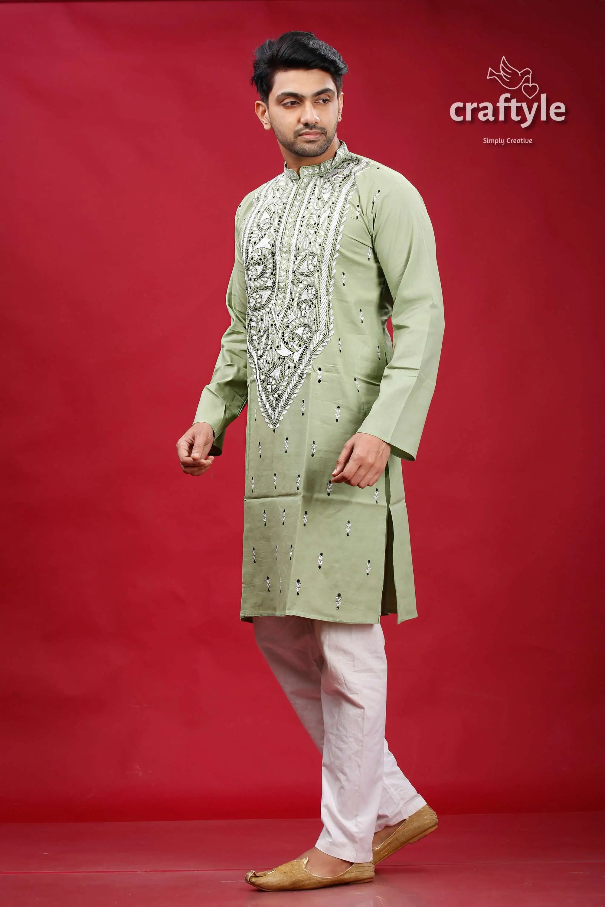 Lemon grass cotton kantha stitch kurta for men embroidered light green kurta pajama 3