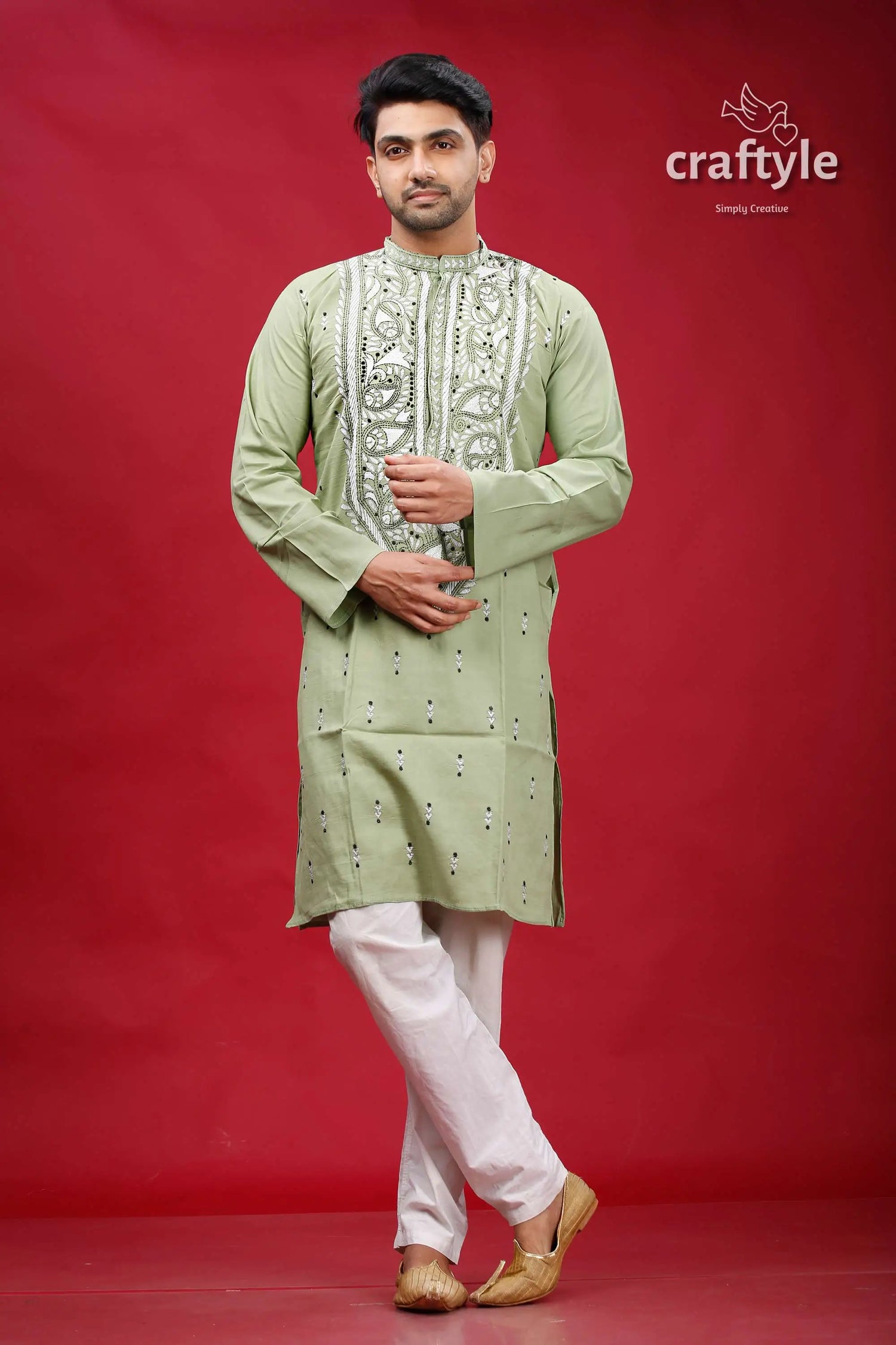 Lemon grass cotton kantha stitch kurta for men man embroidered kurta pajama 1