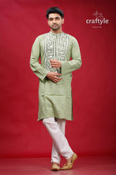 Lemon grass cotton kantha stitch kurta for men man embroidered kurta pajama 1