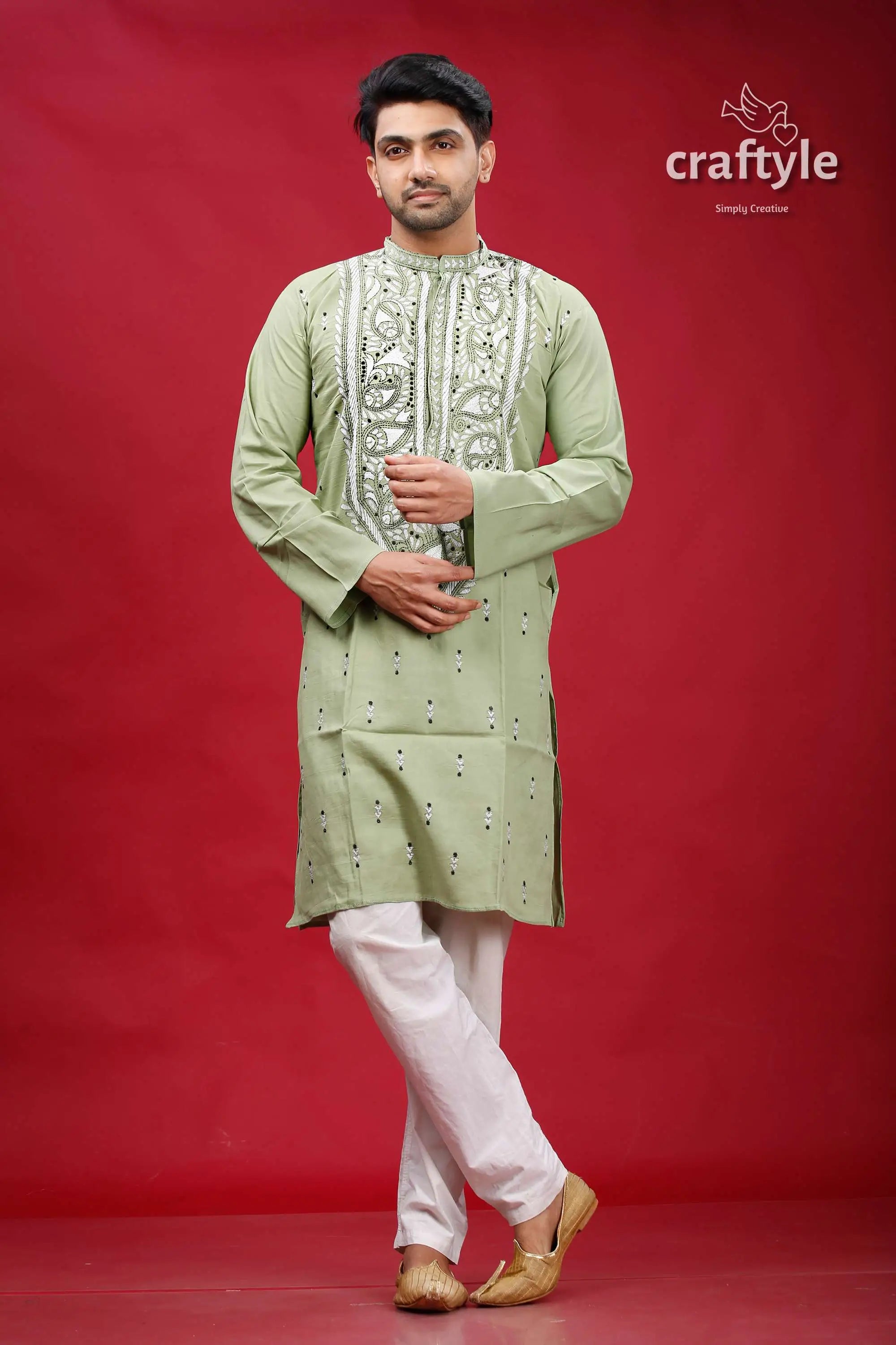 Lemon grass cotton kantha stitch kurta for men man embroidered kurta pajama 1