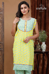 Lemon Yellow Designer Cotton Kurti with Straight Pant - Craftyle