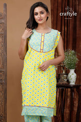 Lemon yellow designer cotton kurti with straight pant yellow blue patterned kurta pajama 2