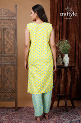 Lemon yellow designer cotton kurti with straight pant woman’s yellow blue patterned kurta 4