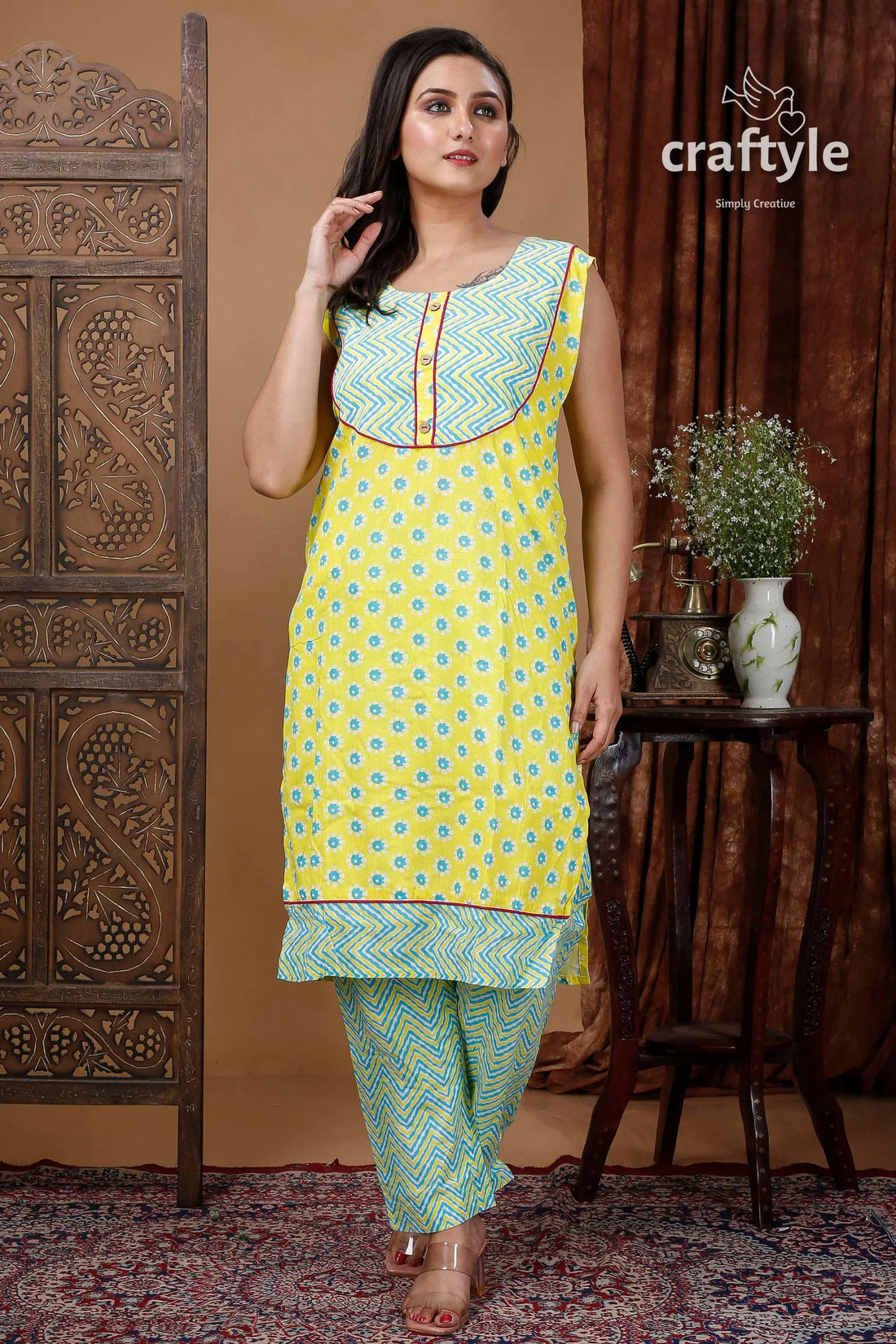 Lemon yellow designer cotton kurti with straight pant woman yellow green patterned outfit 1