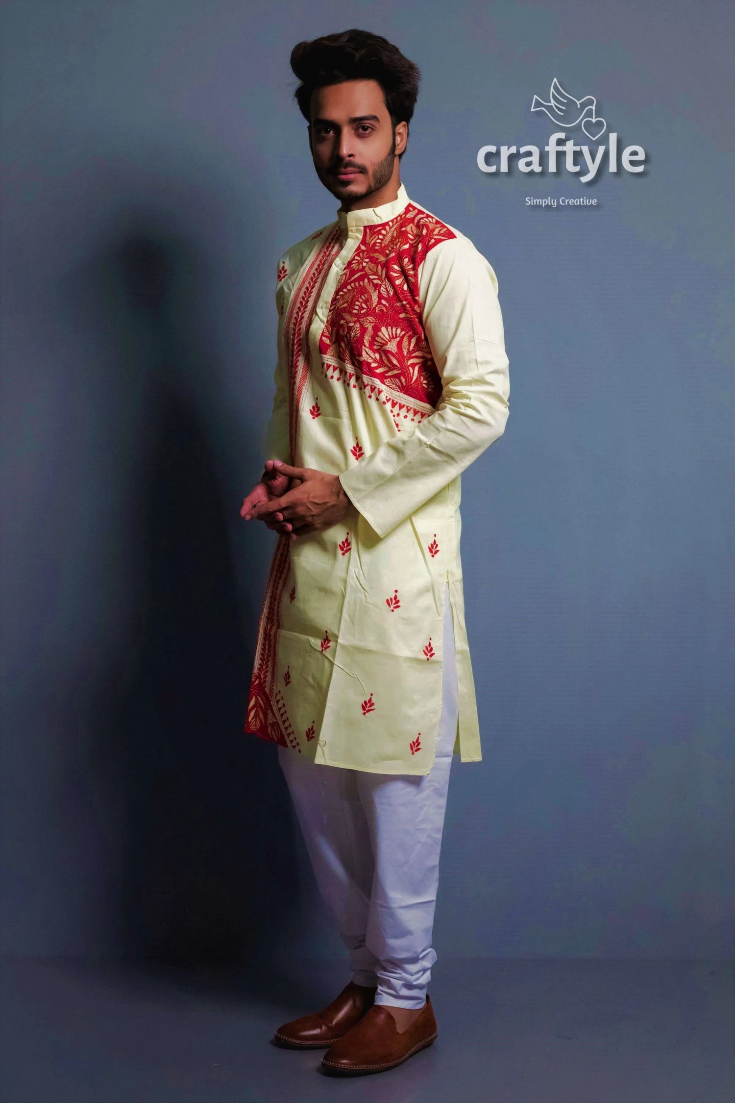 Lemon yellow hand kantha work cotton ethnic punjabi men’s light embroidered kurta 2