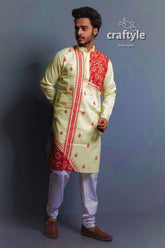 Lemon yellow hand kantha work cotton ethnic punjabi men’s cream-colored kurta red embroidery 1