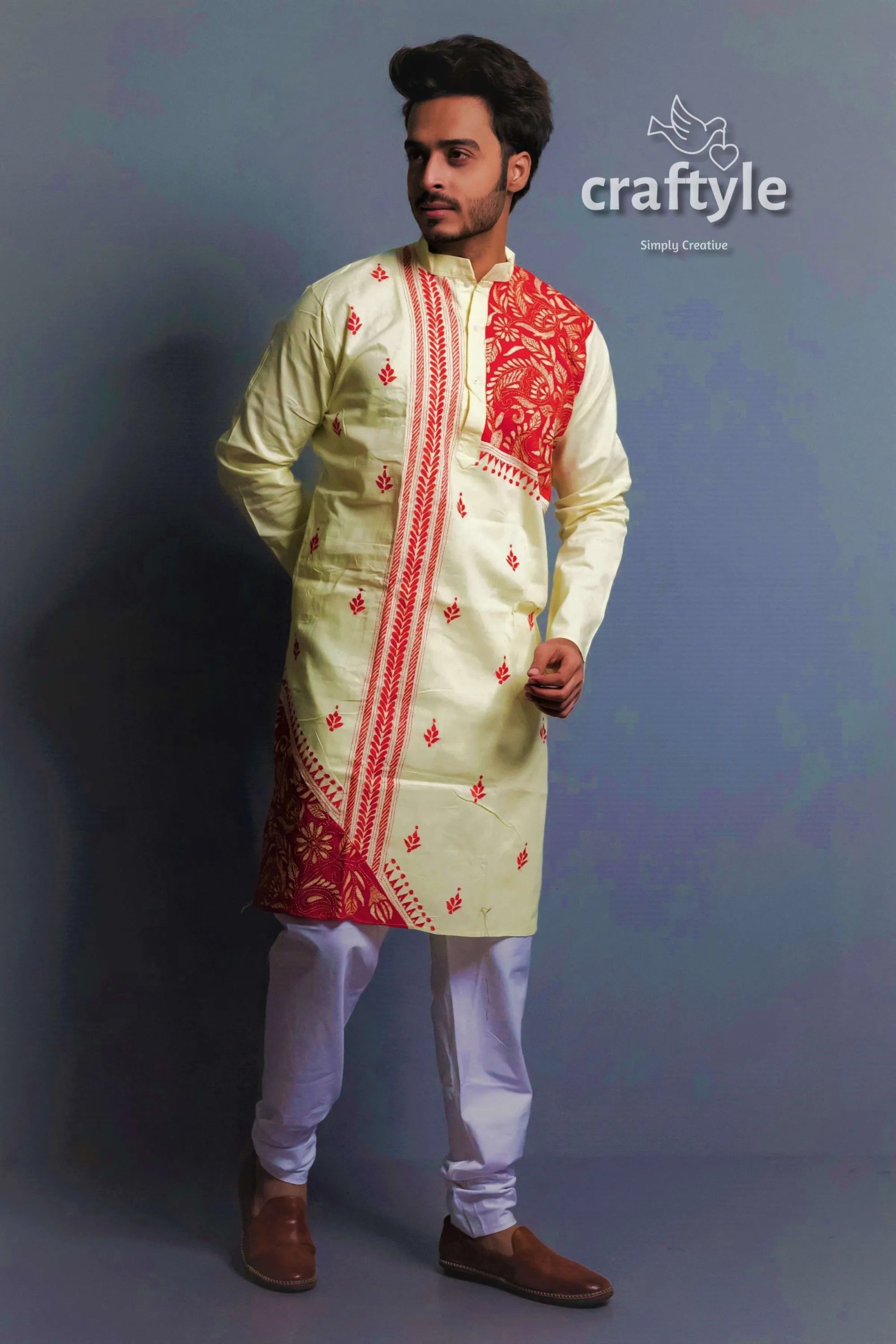Lemon yellow hand kantha work cotton ethnic punjabi men’s cream-colored kurta red embroidery 1