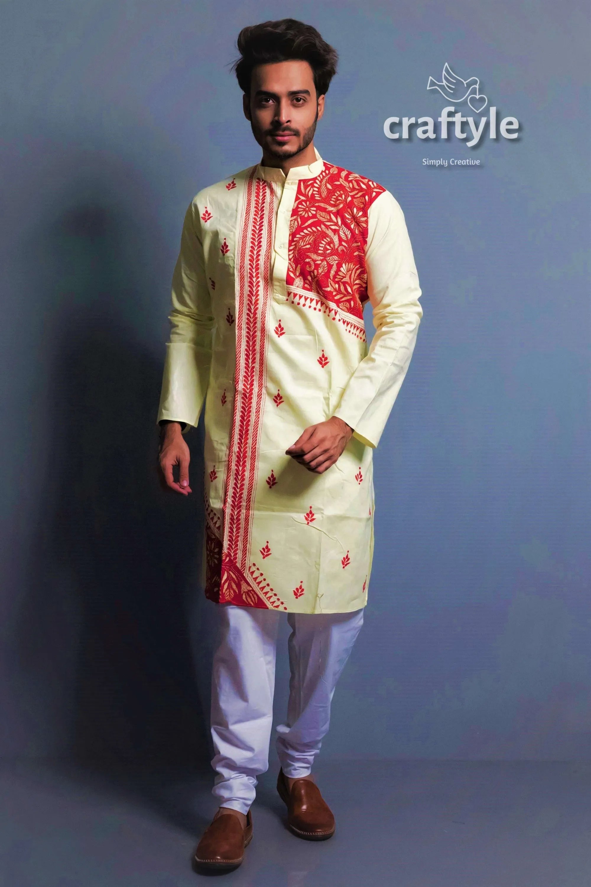 Lemon yellow hand kantha work cotton ethnic punjabi men’s cream-colored kurta red embroidered 3