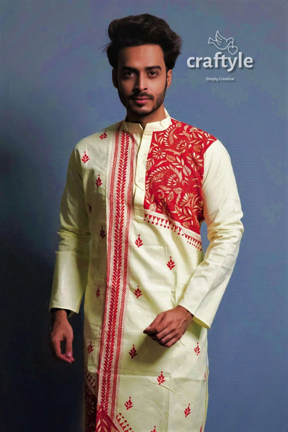Lemon yellow hand kantha work cotton ethnic punjabi men’s pale kurta red 4