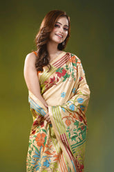 Light beige handcrafted kantha silk saree - floral mandala design 2