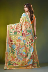 Light beige handcrafted kantha silk saree - floral mandala design 5