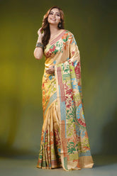 Light beige handcrafted kantha silk saree - floral mandala design 6