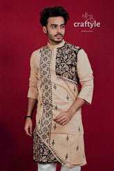 Light brown & black kantha stitch embroidered cotton kurta for men men’s beige long-sleeve 2