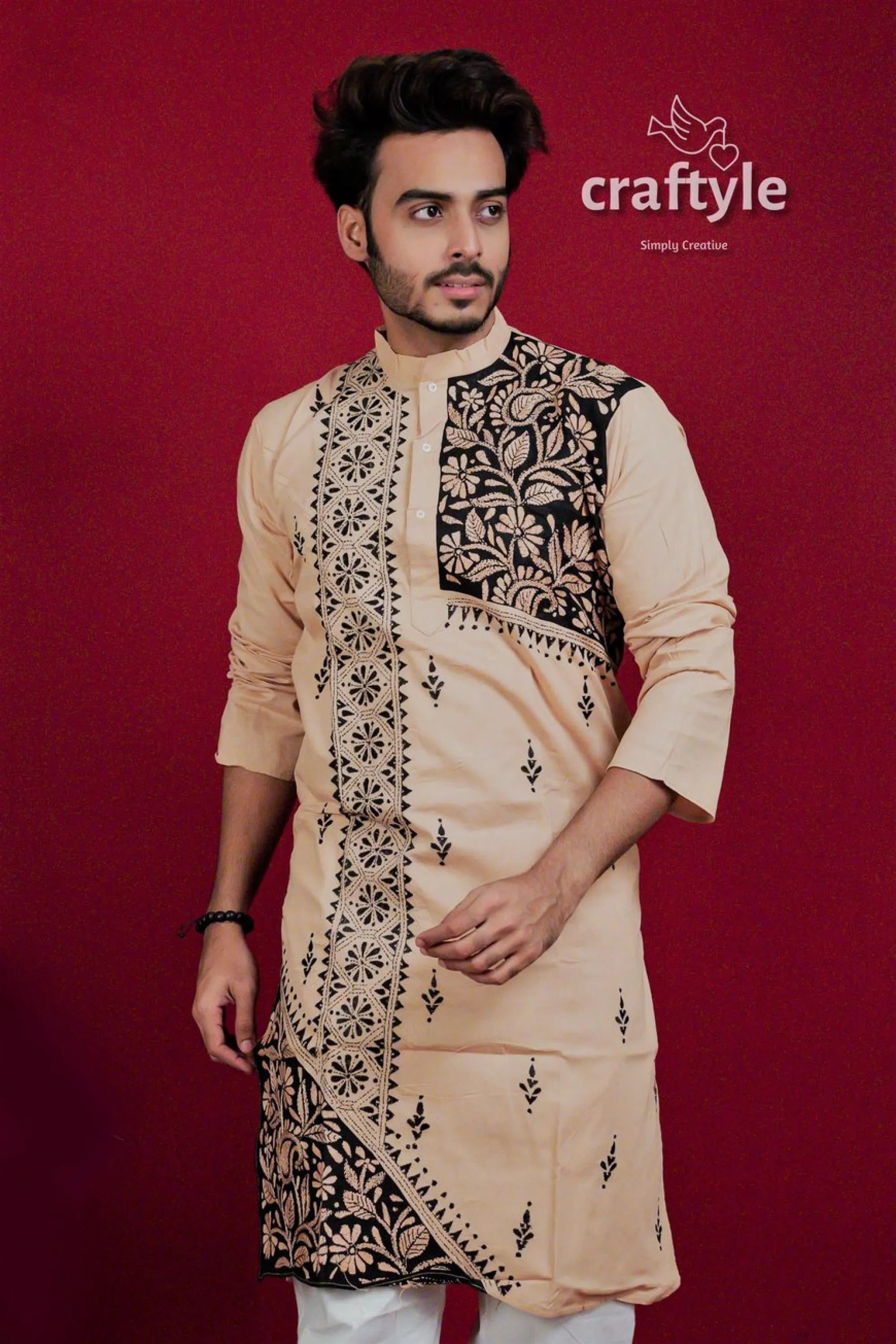 Light brown &amp; black kantha stitch embroidered cotton kurta for men men’s beige long-sleeve 2