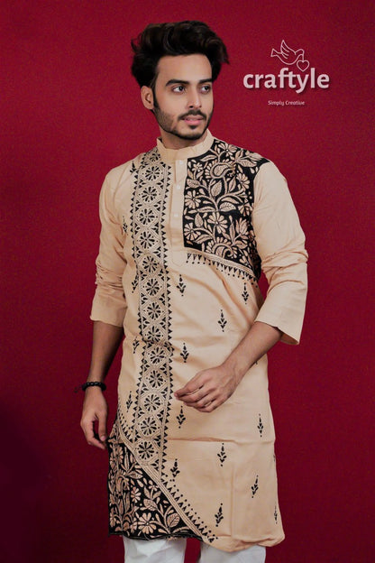 Light brown &amp; black kantha stitch embroidered cotton kurta for men men’s beige long-sleeve 2