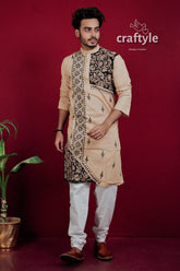 Light brown & black kantha stitch embroidered cotton kurta for men men’s beige intricate 5