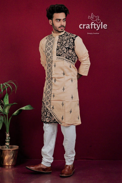 Light brown &amp; black kantha stitch embroidered cotton kurta for men men’s beige traditional 3
