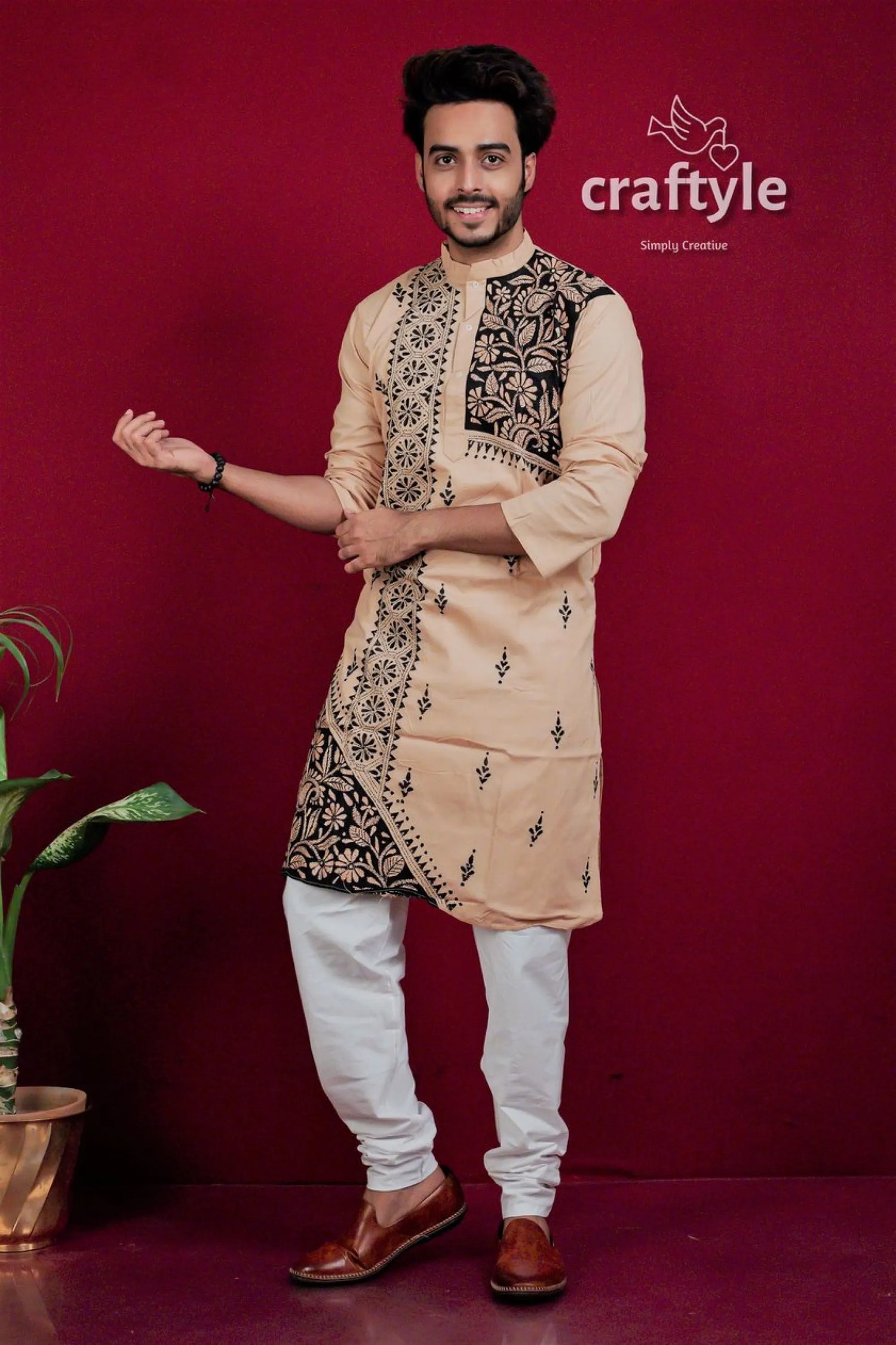 Light brown &amp; black kantha stitch embroidered cotton kurta for men men’s beige intricate 4