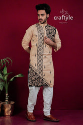 Light brown & black kantha stitch embroidered cotton kurta for men men’s beige floral 1