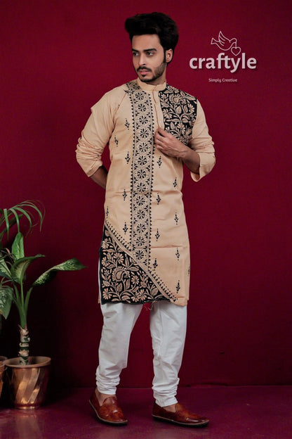 Light brown &amp; black kantha stitch embroidered cotton kurta for men men’s beige floral 1