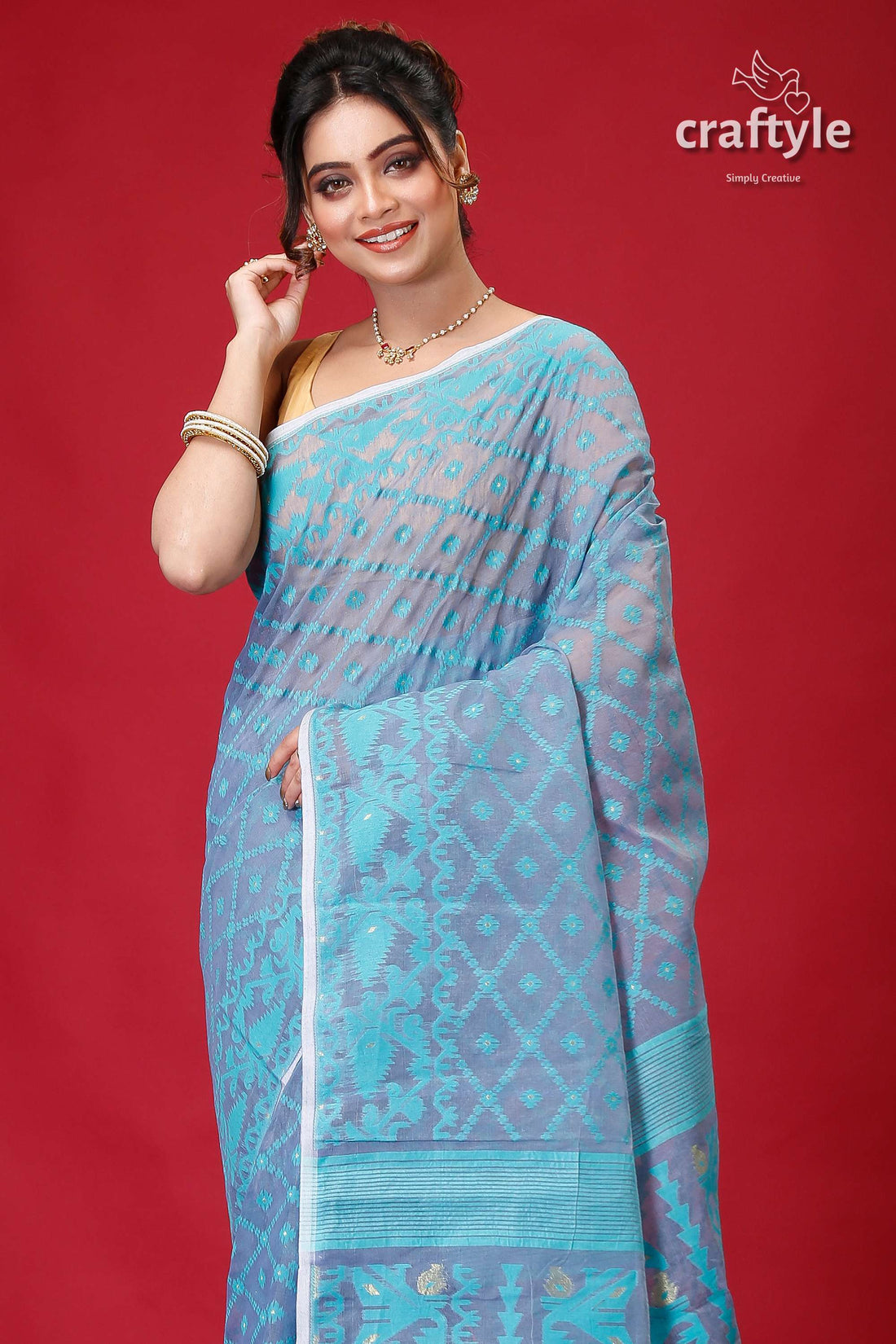 Light Cobalt Blue Dhakai Jamdani Saree-Craftyle
