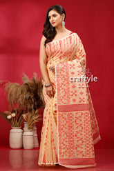 Light Cream and Red Traditional Dhakai Jamdani Saree - Craftyle