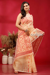 Light Cream and Red Traditional Dhakai Jamdani Saree - Craftyle